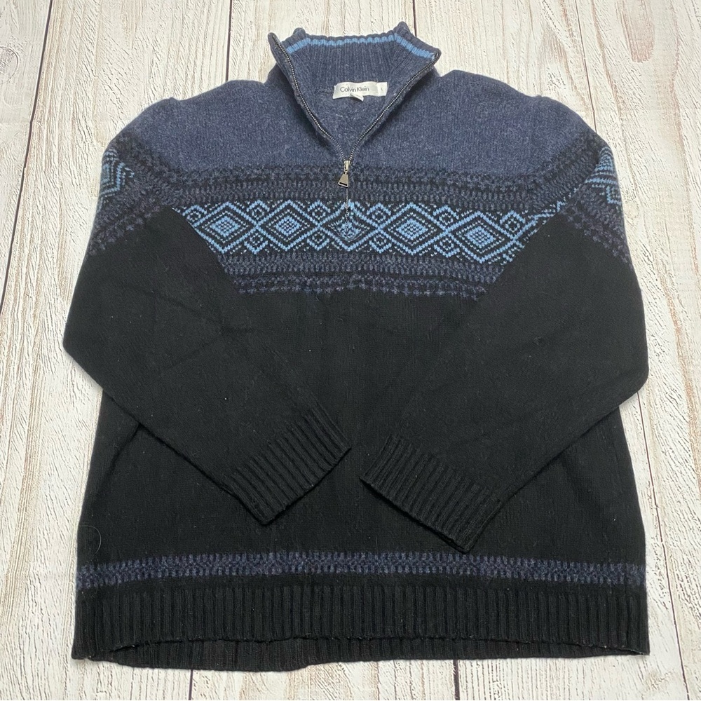 Calvin Klein Navy and Black 1/4 Zip-Up Wool Sweater Large